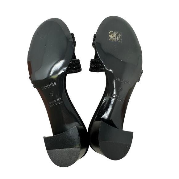 Hermes Oasis Block Heel Sandals Womens 37 US 6.5 Black Suede Arcane Rhinestone - Picture 6 of 10